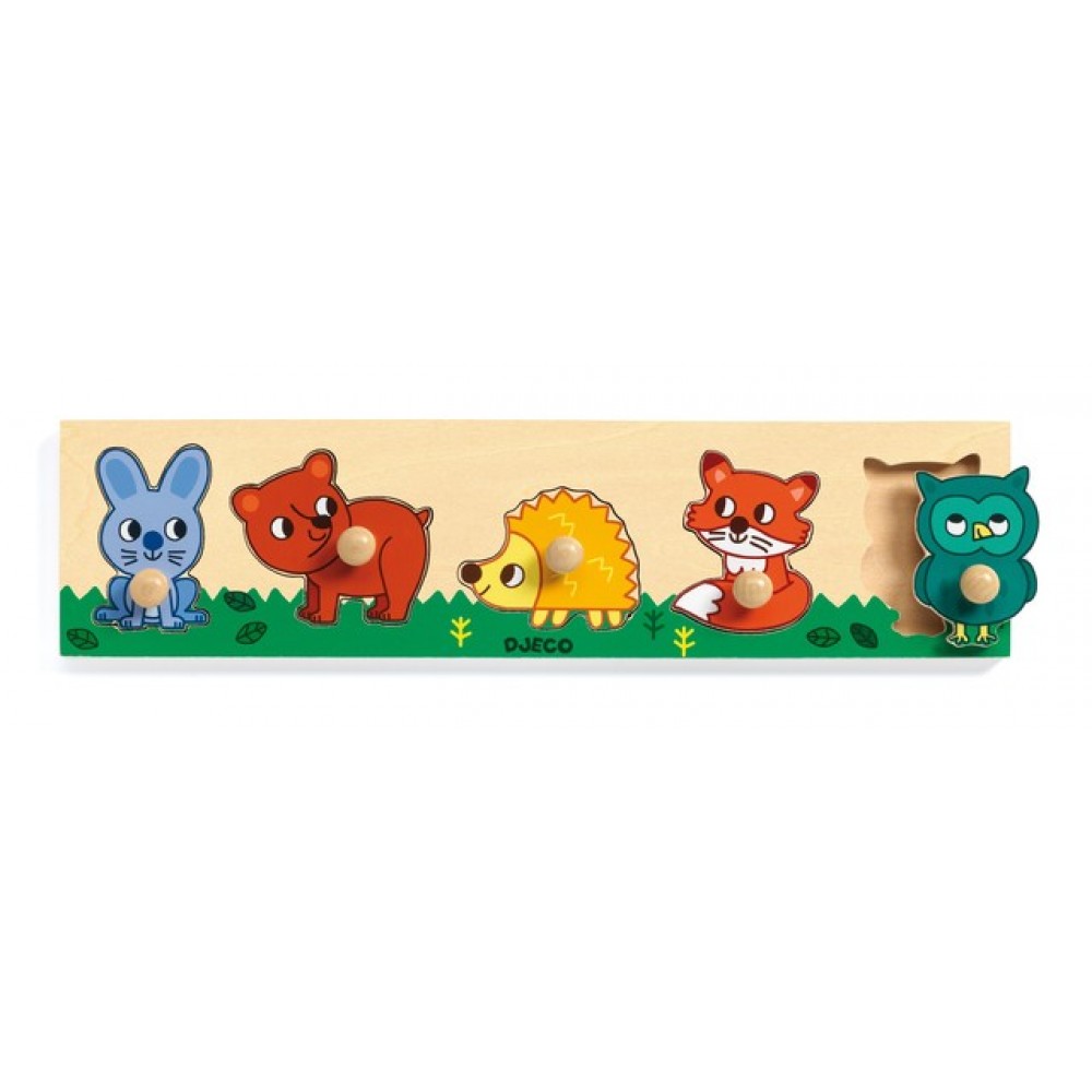 Puzzle lemn cu buton animale in padure djeco imagine